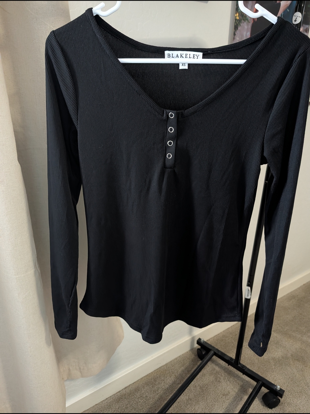 Women's Black Ribbed Long Sleeve Henley Top